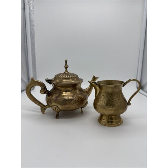 Brass Tea Pot Vintage Brass Tea Kettle Set Teapot India Cooking & Serving - Picture 1 of 12